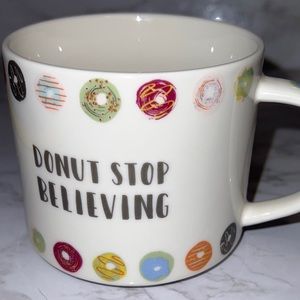 DONUT STOP BELIEVING. LoL Funny Donut Coffee Cup, play on the Journey song title